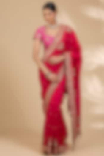 Desi Red Kora Silk Marori Work Reception Saree Set by SURBHI SHAH at Pernia's Pop Up Shop