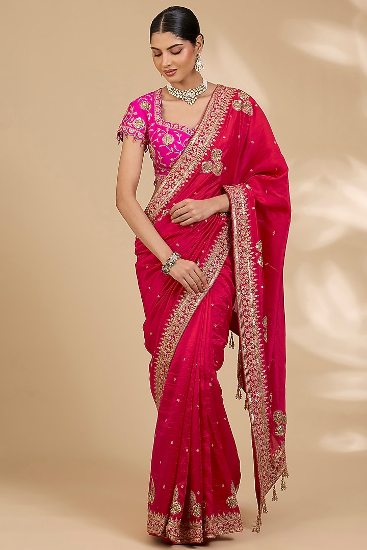 Desi Red Kora Silk Marori Work Reception Saree Set by SURBHI SHAH at Pernia's Pop Up Shop