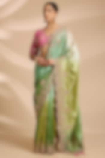 Sage Green Shaded Kora Silk Sequins Embroidered Reception Saree Set by Surbhi Shah at Pernia's Pop Up Shop