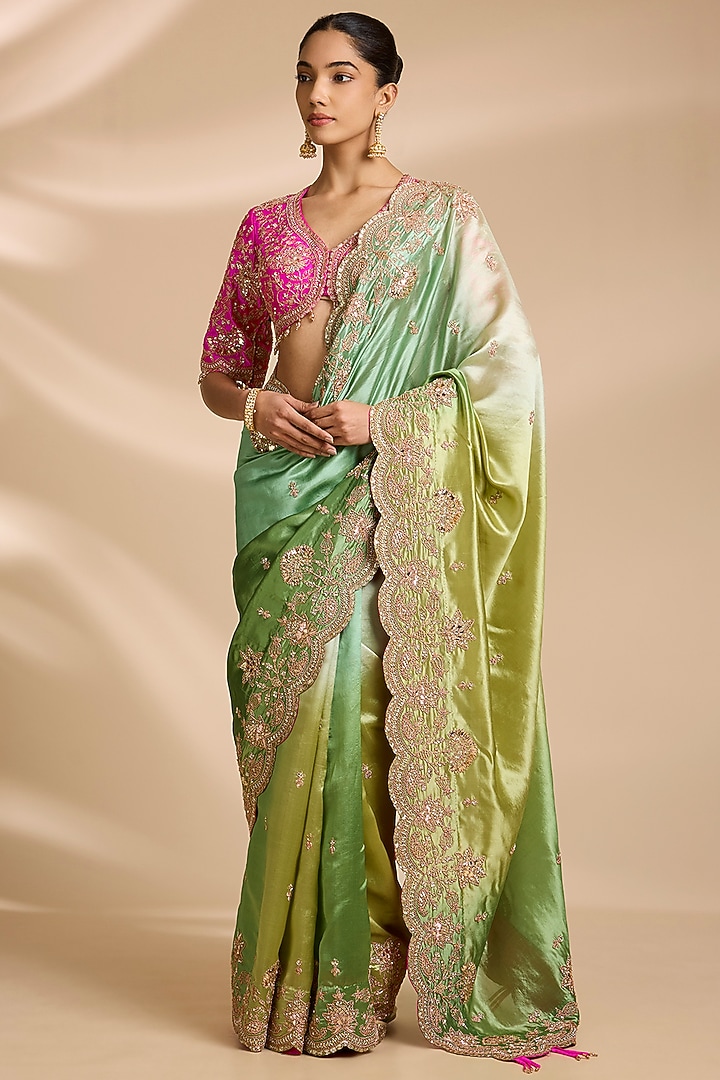 Sage Green Shaded Kora Silk Sequins Embroidered Reception Saree Set by Surbhi Shah at Pernia's Pop Up Shop