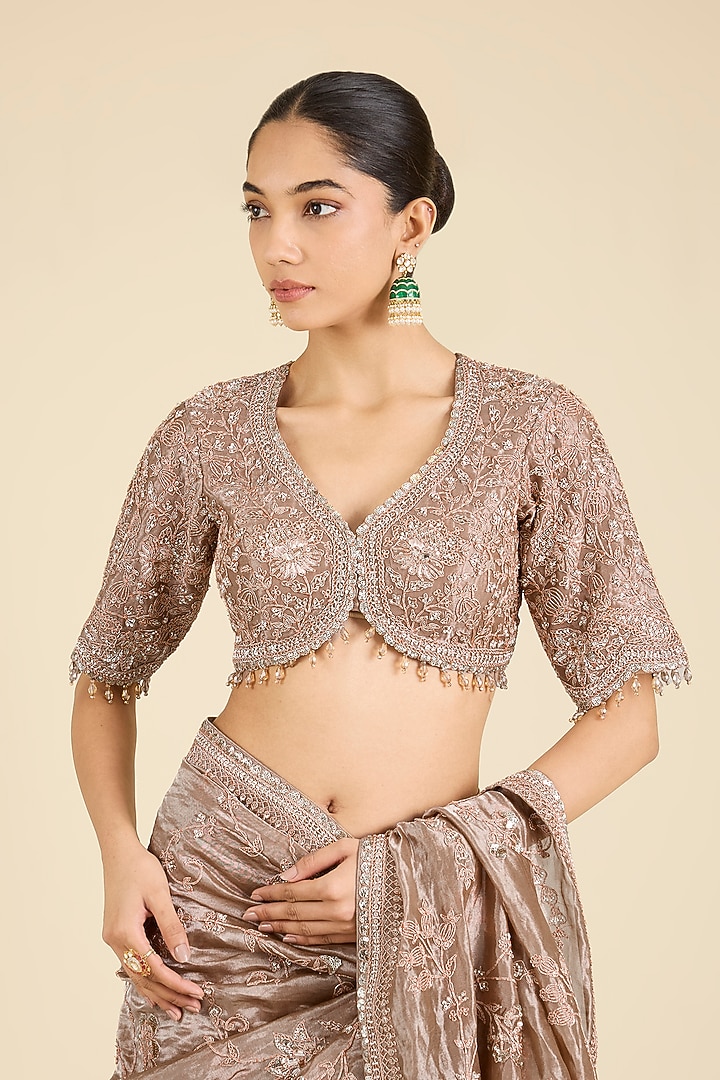 Grey Tissue Reception Saree Set by SURBHI SHAH at Pernia's Pop Up Shop