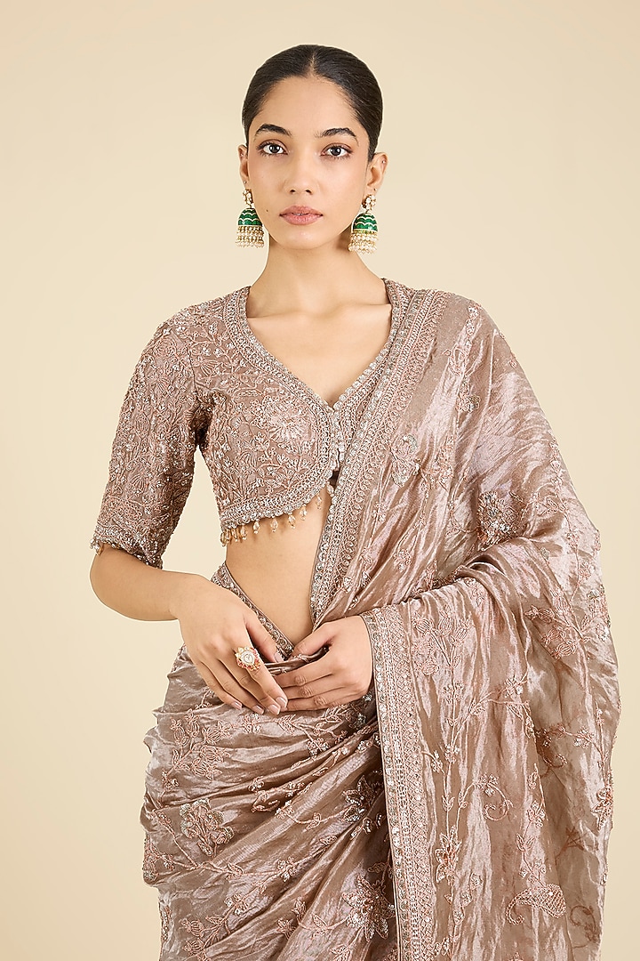 Grey Tissue Reception Saree Set by SURBHI SHAH at Pernia's Pop Up Shop