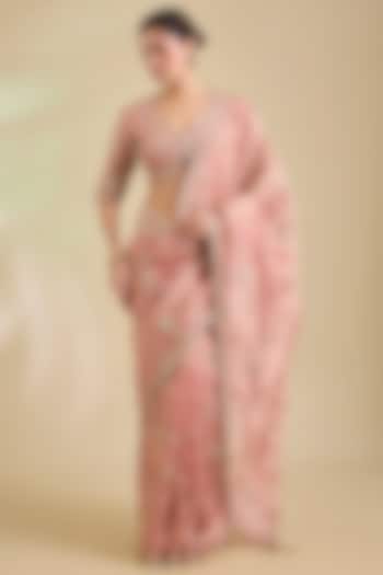 Rose Gold Tissue Marori Embroidered Reception Saree Set by SURBHI SHAH at Pernia's Pop Up Shop