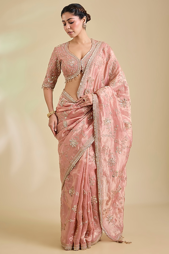 Rose Gold Tissue Marori Embroidered Reception Saree Set by SURBHI SHAH at Pernia's Pop Up Shop