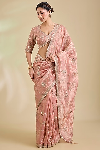 Rose Gold Tissue Marori Embroidered Saree Set by SURBHI SHAH