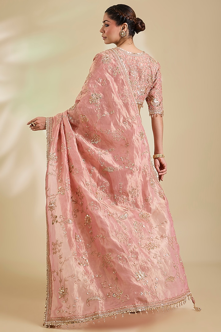 Rose Gold Tissue Marori Embroidered Reception Saree Set by SURBHI SHAH at Pernia's Pop Up Shop