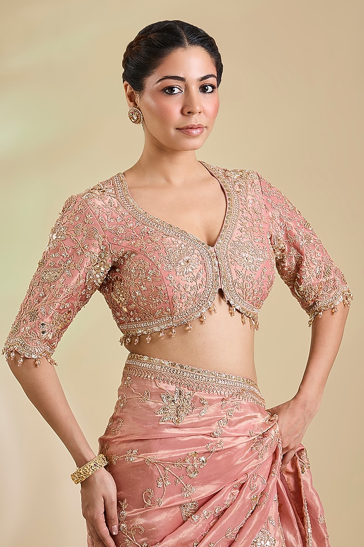 Rose Gold Tissue Marori Embroidered Reception Saree Set by SURBHI SHAH at Pernia's Pop Up Shop
