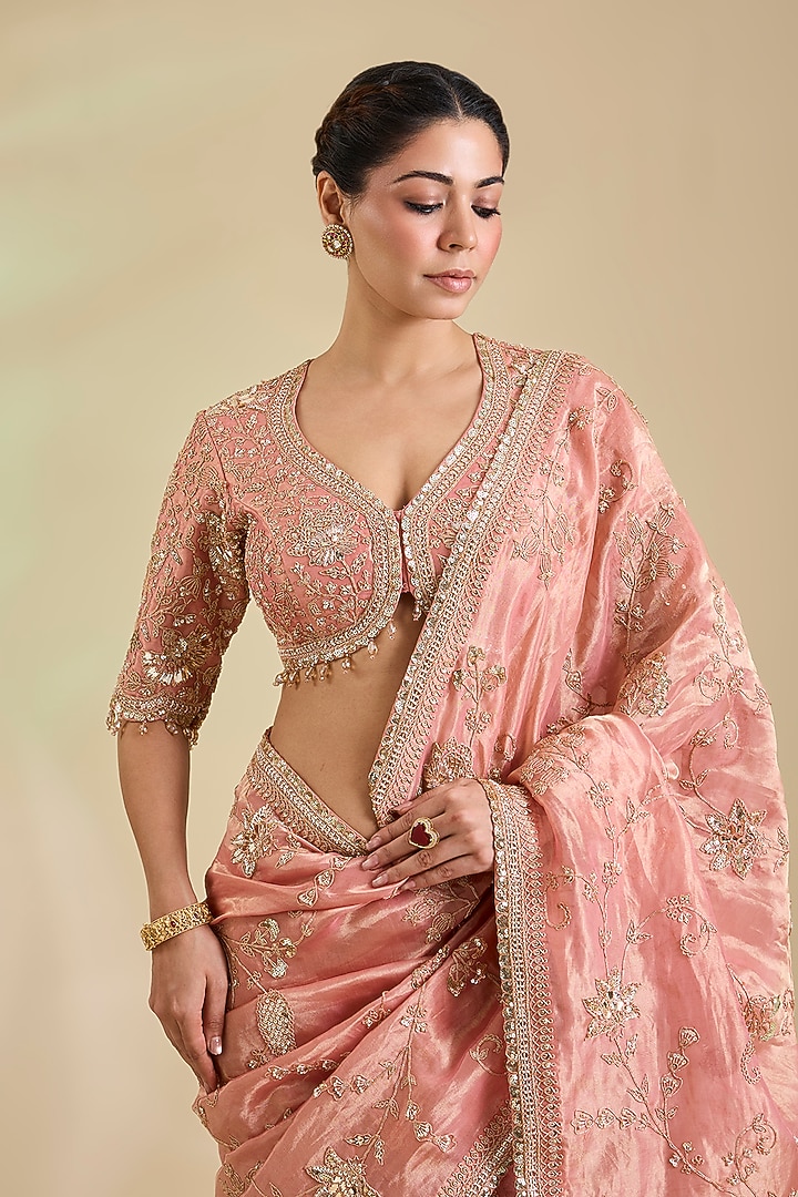 Rose Gold Tissue Marori Embroidered Reception Saree Set by SURBHI SHAH at Pernia's Pop Up Shop
