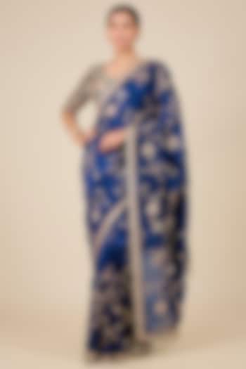 Navy Blue Kora Silk Jaal & Sequin Work Reception Saree Set by Surbhi Shah at Pernia's Pop Up Shop