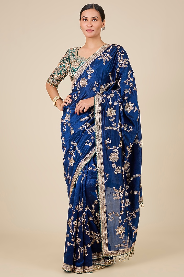 Navy Blue Kora Silk Jaal & Sequin Work Reception Saree Set by Surbhi Shah at Pernia's Pop Up Shop