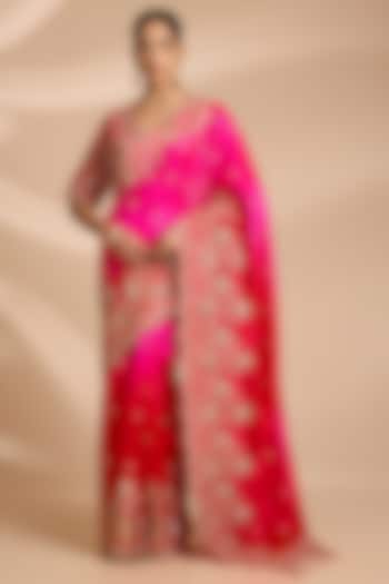 Red & Rani Pink Kora Silk Sequins Embroidered Reception Saree Set by Surbhi Shah at Pernia's Pop Up Shop