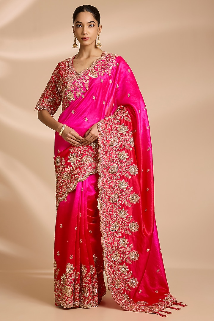 Red & Rani Pink Kora Silk Sequins Embroidered Reception Saree Set by Surbhi Shah at Pernia's Pop Up Shop