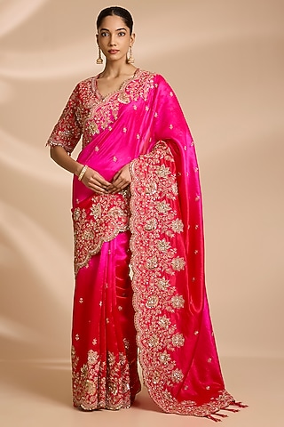 Red & Rani Pink Kora Silk Sequins Embroidered Saree Set by Surbhi Shah