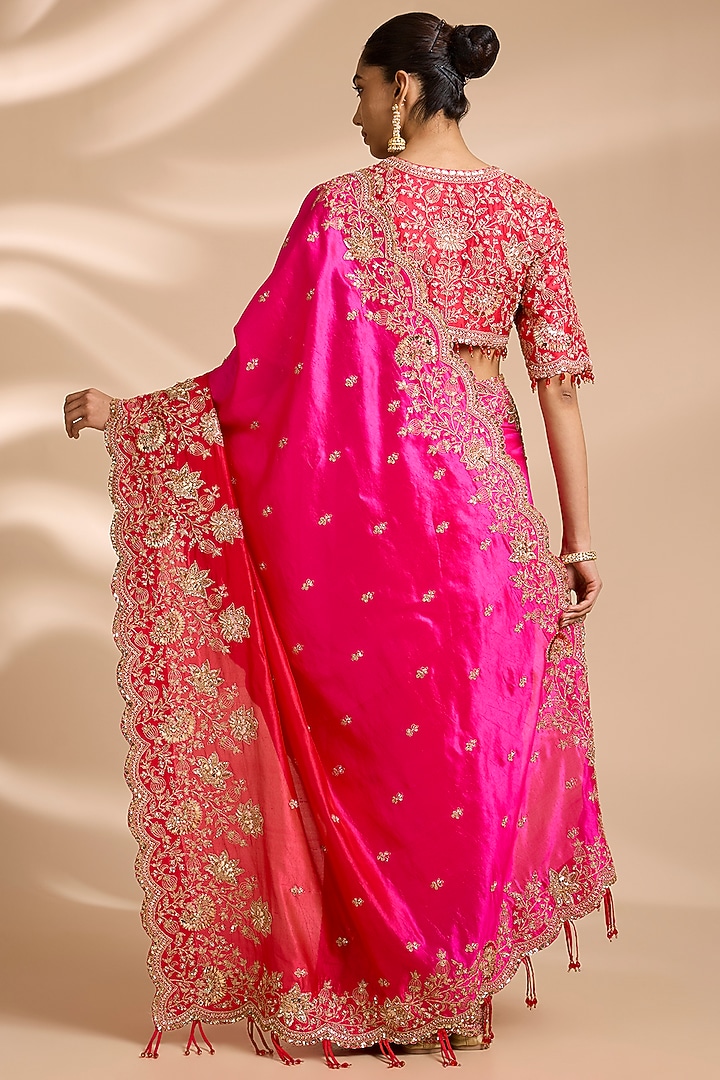 Red & Rani Pink Kora Silk Sequins Embroidered Reception Saree Set by Surbhi Shah at Pernia's Pop Up Shop