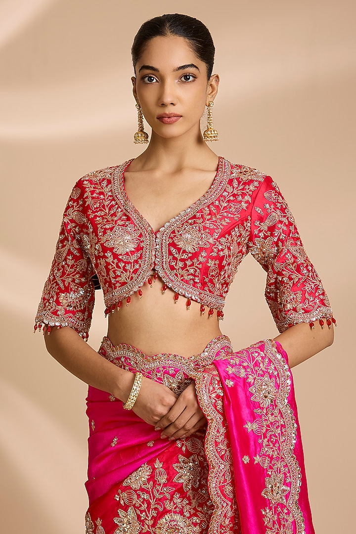 Red & Rani Pink Kora Silk Sequins Embroidered Reception Saree Set by Surbhi Shah at Pernia's Pop Up Shop