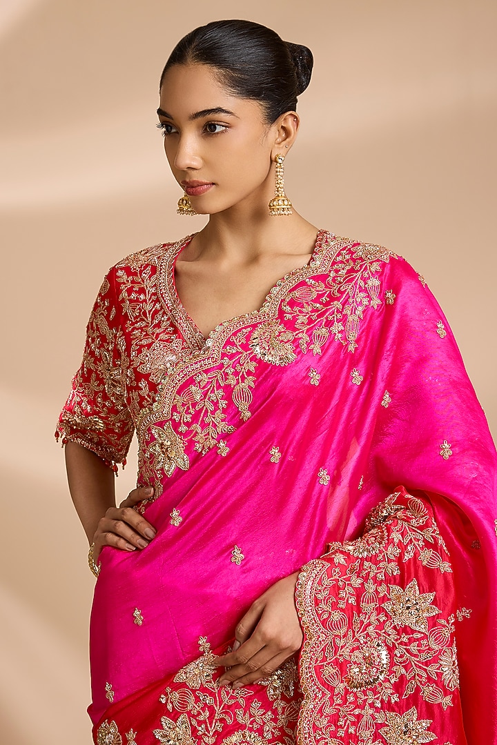 Red & Rani Pink Kora Silk Sequins Embroidered Reception Saree Set by Surbhi Shah at Pernia's Pop Up Shop