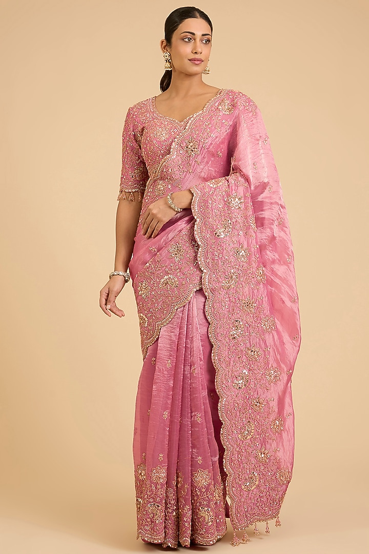 Pink Tissue Sequins Work Reception Saree Set by SURBHI SHAH at Pernia's Pop Up Shop