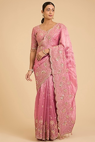 Pink Tissue Sequins Work Saree Set by SURBHI SHAH