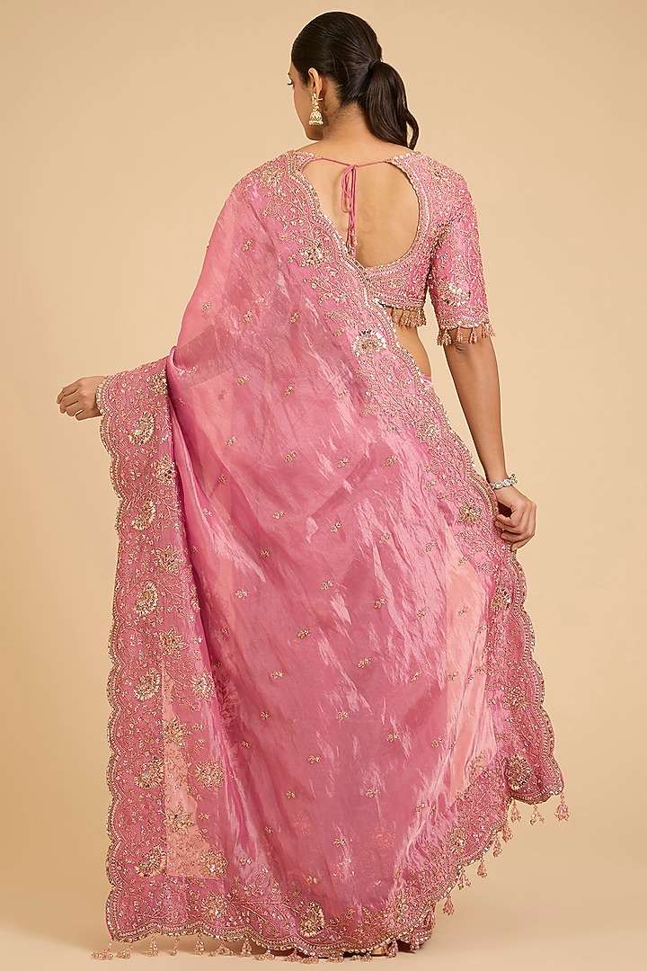 Pink Tissue Sequins Work Reception Saree Set by SURBHI SHAH at Pernia's Pop Up Shop
