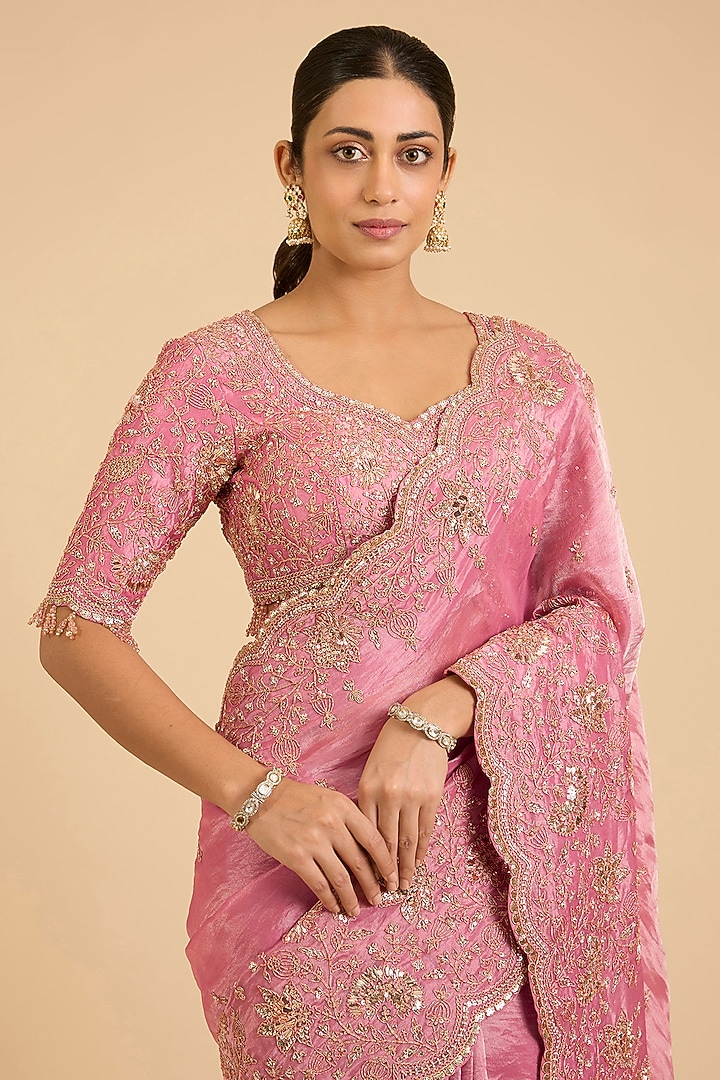 Pink Tissue Sequins Work Reception Saree Set by SURBHI SHAH at Pernia's Pop Up Shop