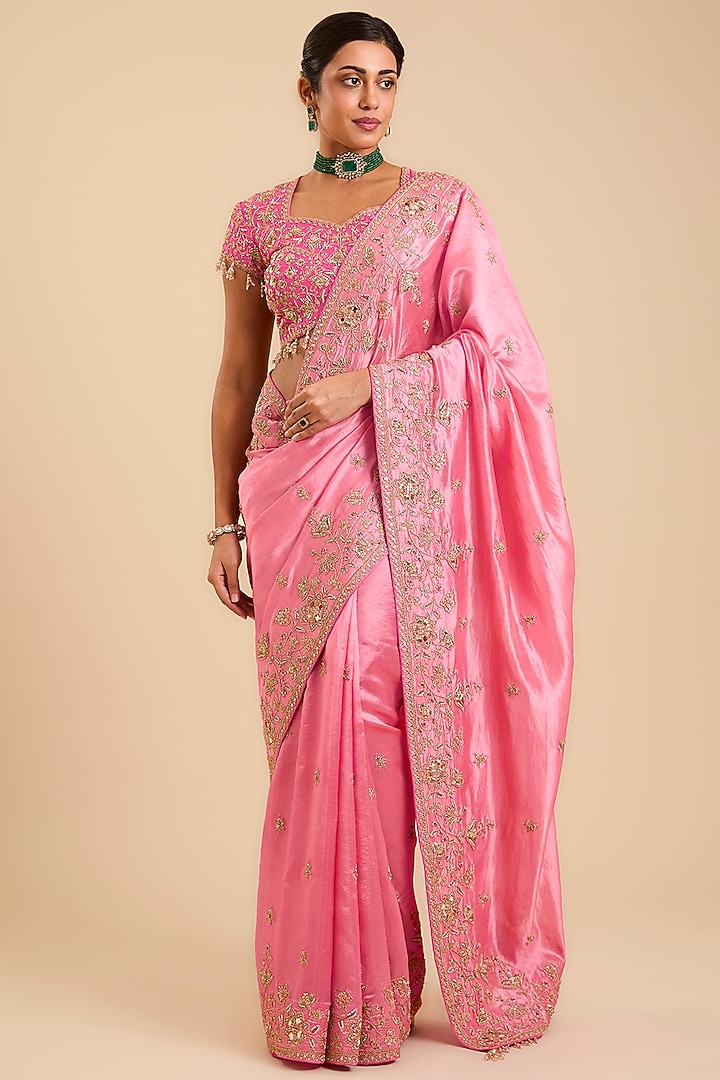 Blush Pink Kora Silk Marori Embroidered Reception Saree Set by SURBHI SHAH at Pernia's Pop Up Shop