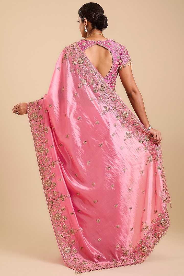 Blush Pink Kora Silk Marori Embroidered Reception Saree Set by SURBHI SHAH at Pernia's Pop Up Shop