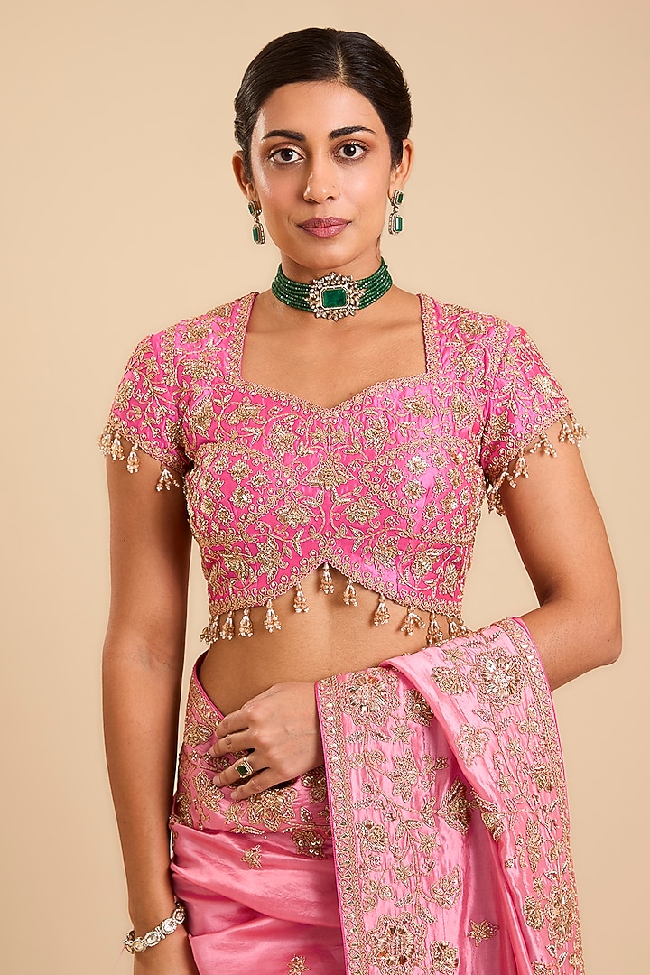 Blush Pink Kora Silk Marori Embroidered Reception Saree Set by SURBHI SHAH at Pernia's Pop Up Shop