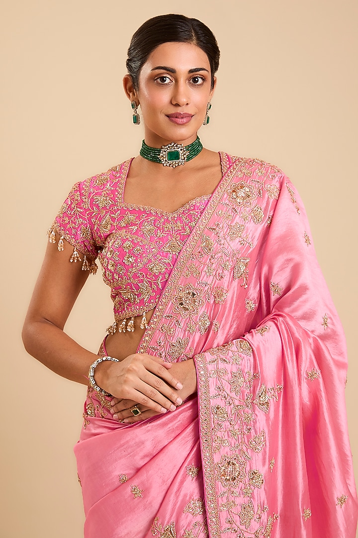 Blush Pink Kora Silk Marori Embroidered Reception Saree Set by SURBHI SHAH at Pernia's Pop Up Shop