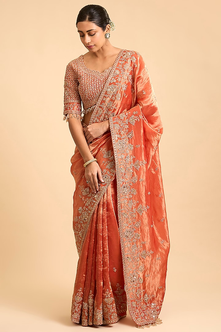 Orange Tissue Sequins Embroidered Reception Saree Set by Surbhi Shah at Pernia's Pop Up Shop