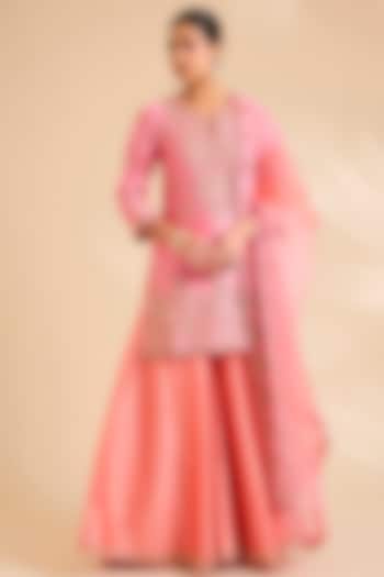 Coral Peach Spun Silk Marori Work Wedding Sharara Set by SURBHI SHAH at Pernia's Pop Up Shop
