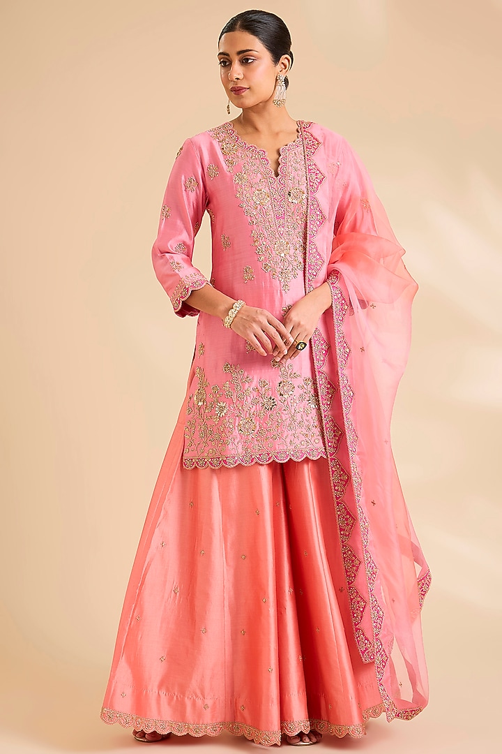 Coral Peach Spun Silk Marori Work Wedding Sharara Set by SURBHI SHAH at Pernia's Pop Up Shop