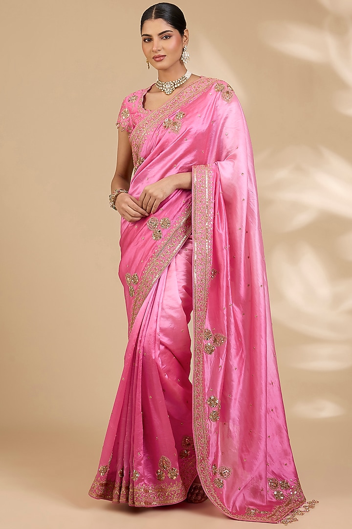 Blush Pink Kora Silk Marori Work Reception Saree Set by SURBHI SHAH at Pernia's Pop Up Shop