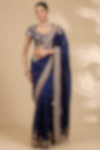 Navy Blue Kora Silk Marori Work Reception Saree Set by SURBHI SHAH at Pernia's Pop Up Shop