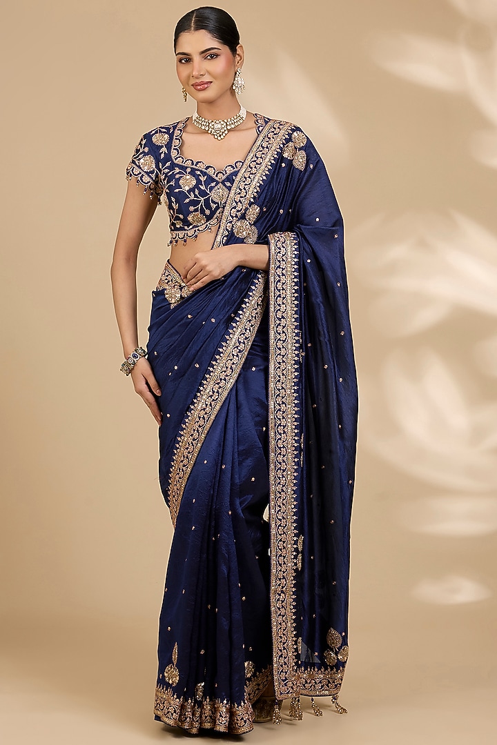 Navy Blue Kora Silk Marori Work Reception Saree Set by SURBHI SHAH at Pernia's Pop Up Shop