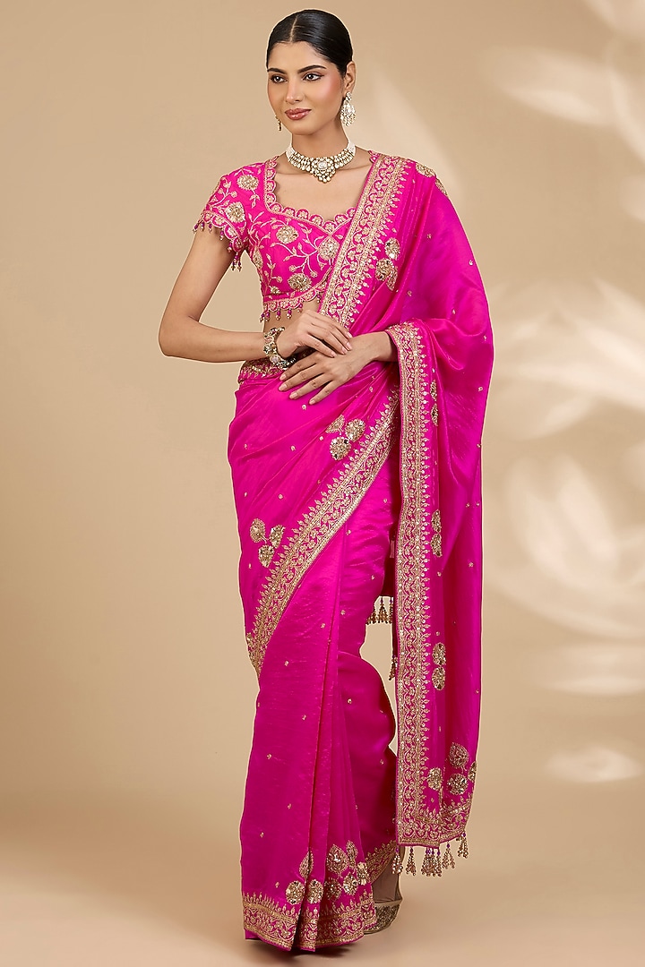 Rani Pink Kora Silk Marori Work Reception Saree Set by SURBHI SHAH at Pernia's Pop Up Shop