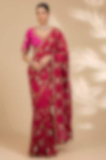 Desi Red Kora Silk Marori Work Reception Saree Set by SURBHI SHAH at Pernia's Pop Up Shop