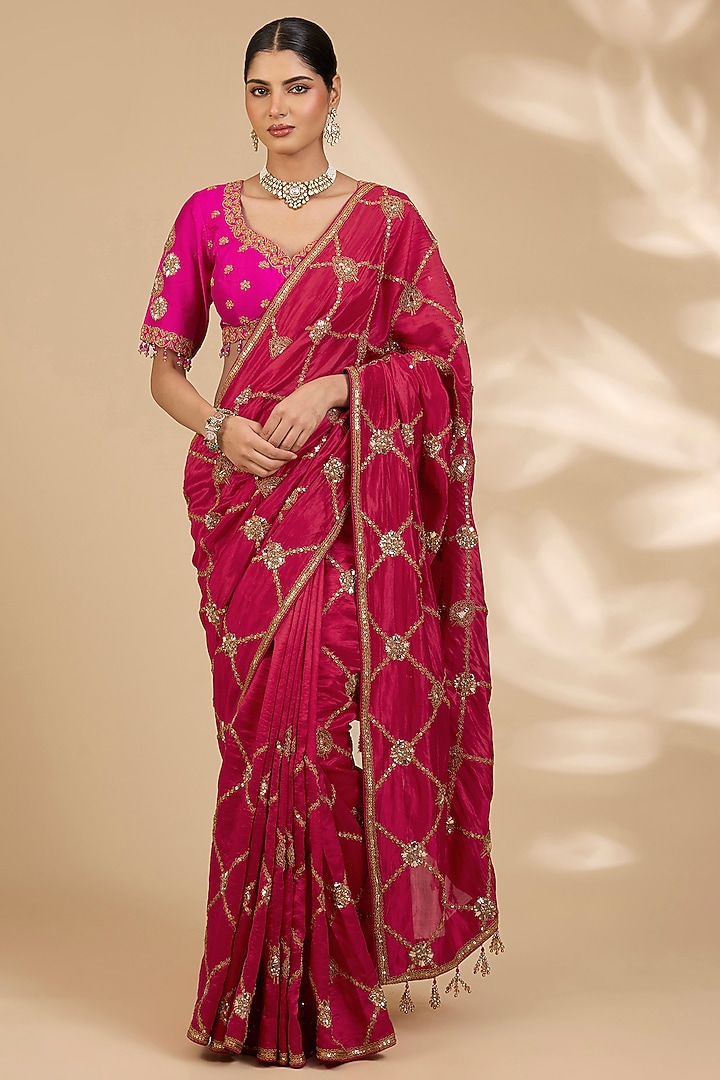 Desi Red Kora Silk Marori Work Reception Saree Set by SURBHI SHAH at Pernia's Pop Up Shop