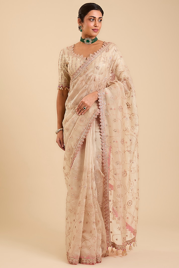 Champagne Organza Gota Patti Embroidered Reception Saree Set by SURBHI SHAH at Pernia's Pop Up Shop
