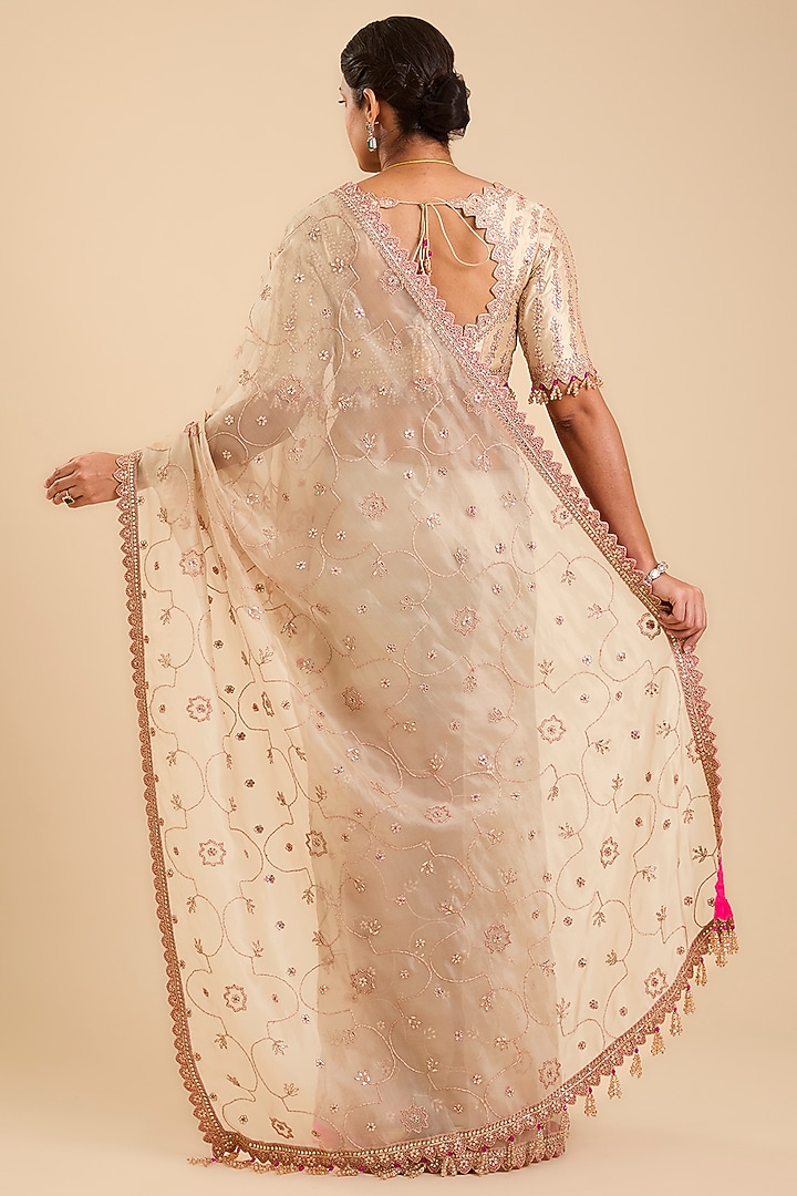 Champagne Organza Gota Patti Embroidered Reception Saree Set by SURBHI SHAH at Pernia's Pop Up Shop