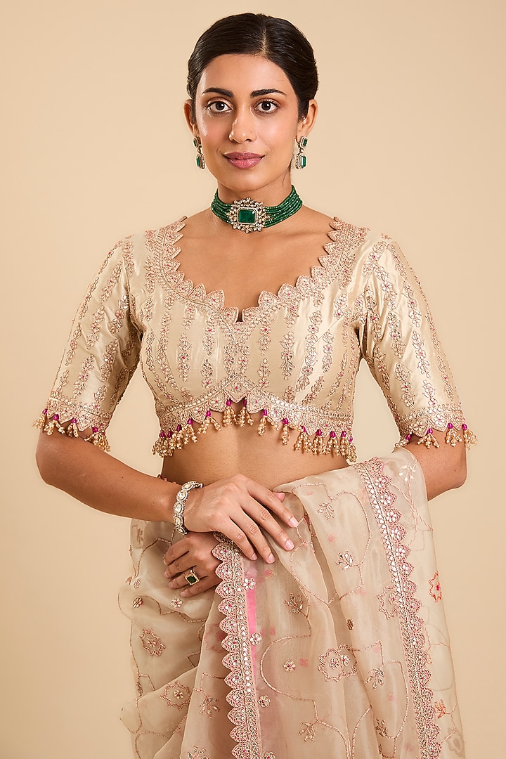 Champagne Organza Gota Patti Embroidered Reception Saree Set by SURBHI SHAH at Pernia's Pop Up Shop