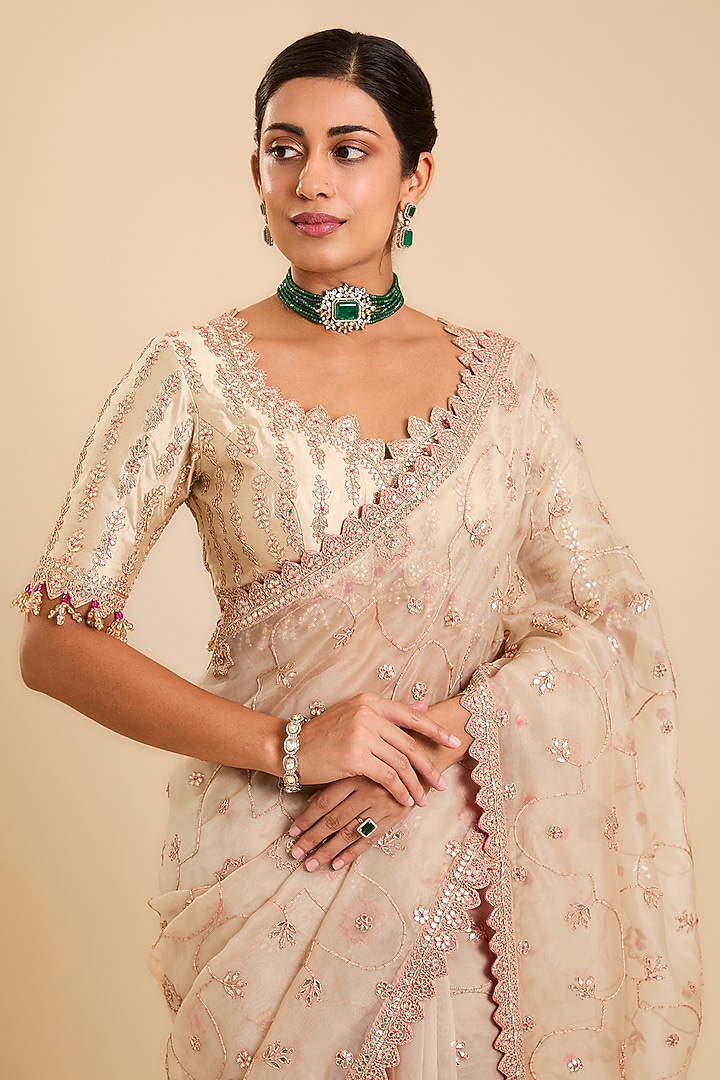 Champagne Organza Gota Patti Embroidered Reception Saree Set by SURBHI SHAH at Pernia's Pop Up Shop