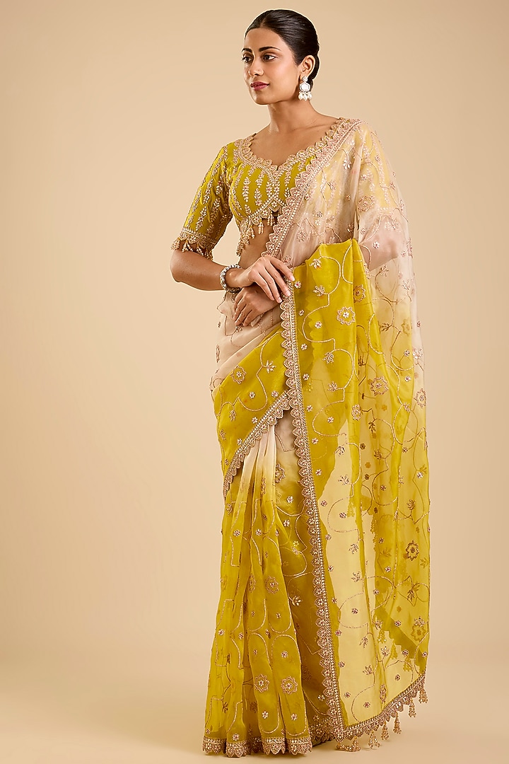 Ivory & Lime Ombre Organza Gota Patti Reception Saree Set by SURBHI SHAH at Pernia's Pop Up Shop
