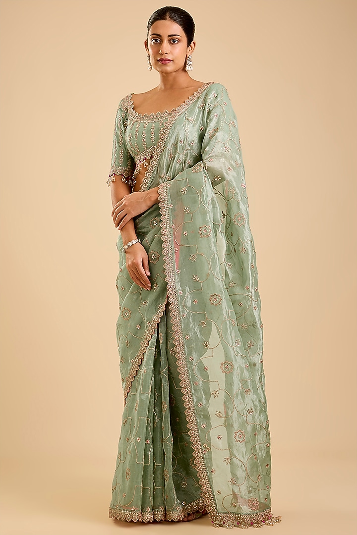Mint Green Tissue Gota Patti Reception Saree Set by SURBHI SHAH at Pernia's Pop Up Shop