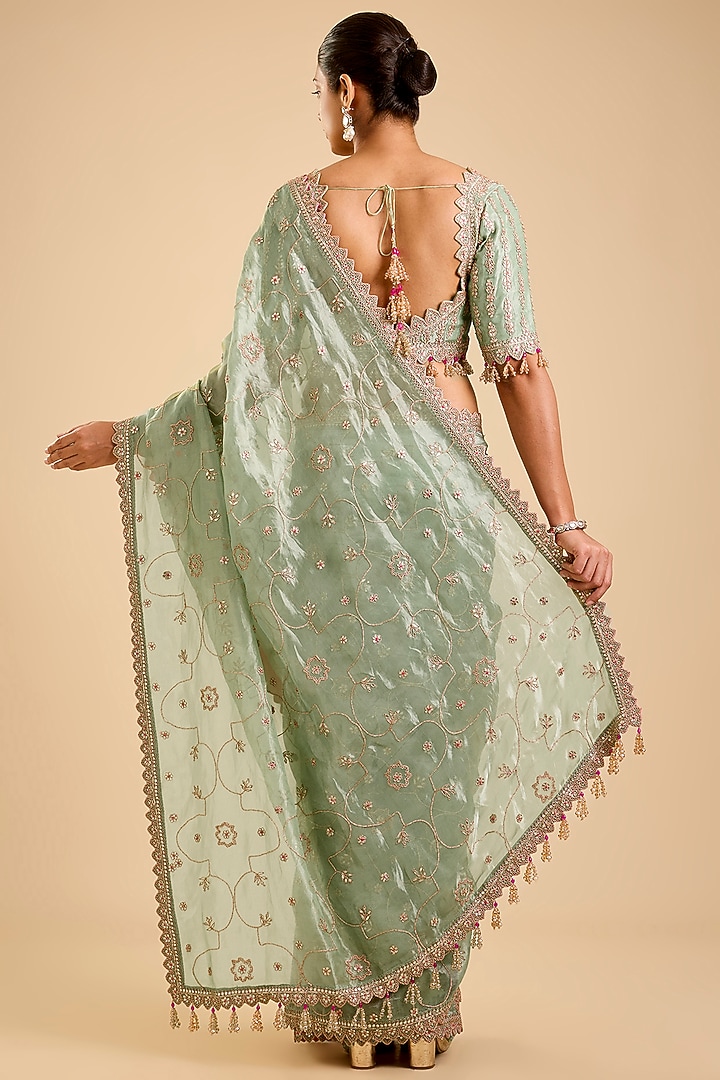 Mint Green Tissue Gota Patti Reception Saree Set by SURBHI SHAH at Pernia's Pop Up Shop