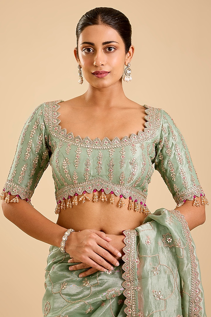 Mint Green Tissue Gota Patti Reception Saree Set by SURBHI SHAH at Pernia's Pop Up Shop