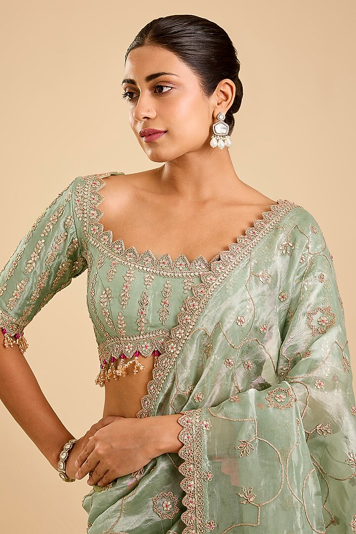 Mint Green Tissue Gota Patti Reception Saree Set by SURBHI SHAH at Pernia's Pop Up Shop