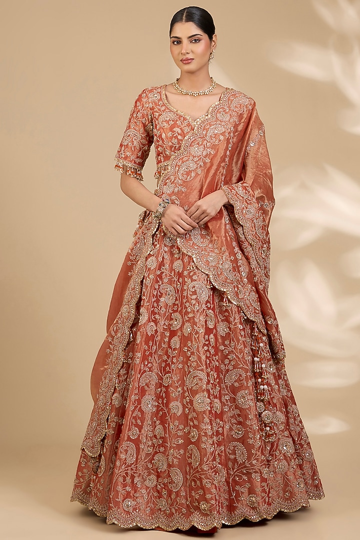 Orange Tissue Marori & Mukaish Work Bridal Lehenga Set by SURBHI SHAH at Pernia's Pop Up Shop