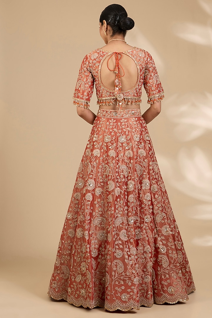 Orange Tissue Marori & Mukaish Work Bridal Lehenga Set by SURBHI SHAH at Pernia's Pop Up Shop