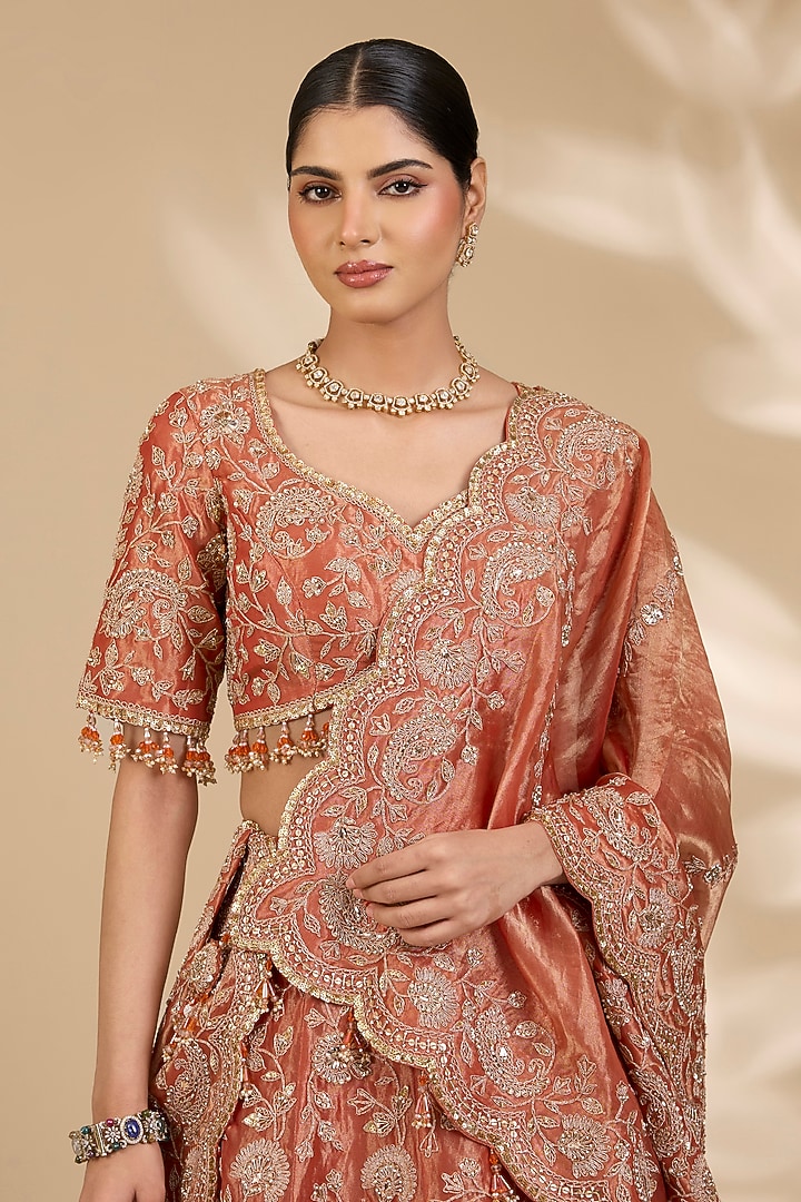 Orange Tissue Marori & Mukaish Work Bridal Lehenga Set by SURBHI SHAH at Pernia's Pop Up Shop