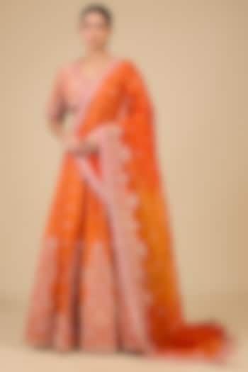 Kesari Yellow Dupion Silk Mukesh Embroidered Bridal Lehenga Set by SURBHI SHAH at Pernia's Pop Up Shop